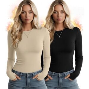 Set of 2 Huukeay Women's S Beige, Black Thermal Shirts with Thumb Holes Long